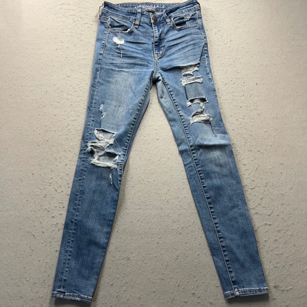 American Eagle Super Stretch X Skinny Distressed Blue Jeans Women Size 4 Regular